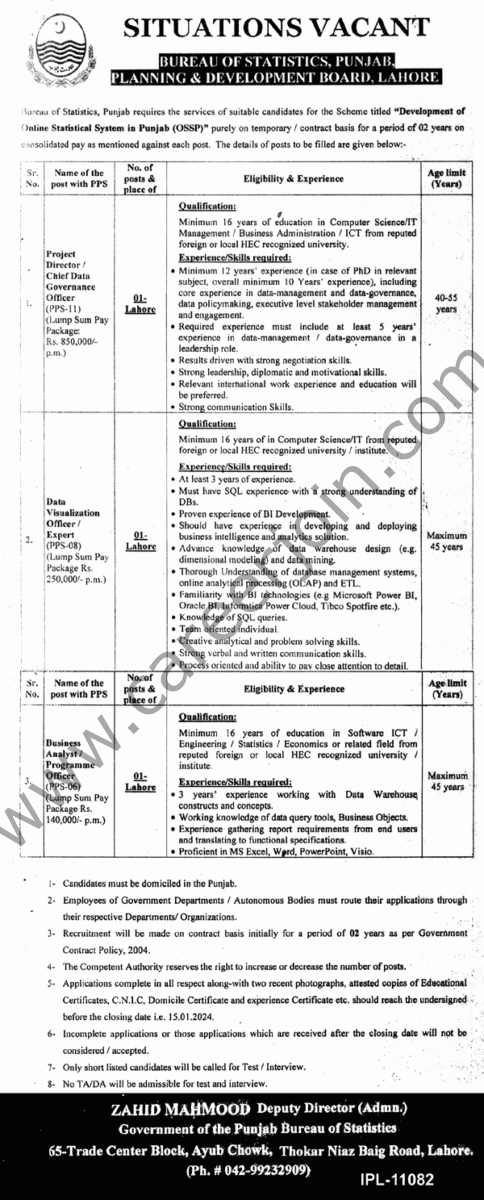 Bureau Of Statistics Punjab Planning & Development Board Jobs 24 December 2023 Nawaiwaqt 1