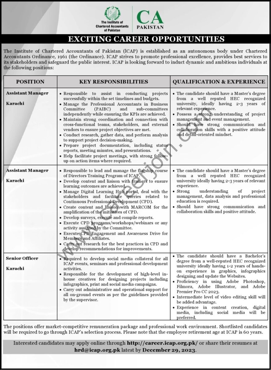 The Institute Of Chartered Accountants Of Pakistan ICAP Jobs December 2023 1