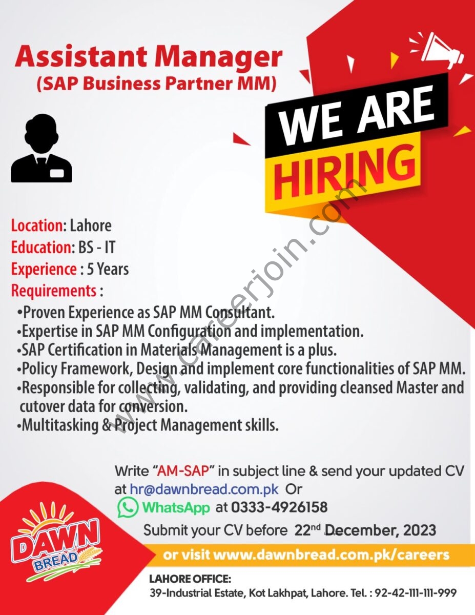 Dawn Bread Jobs Assistant Manager (SAP Business Partner MM) 1