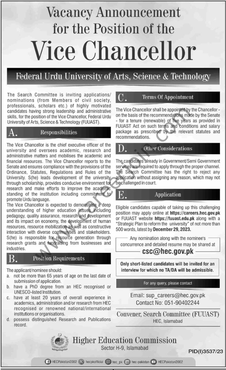 Federal Urdu University of Arts Science & Technology Jobs 10 Decemeber 2023 Dawn 1