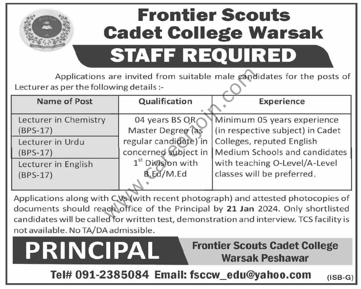 Frontier Scouts Cadet College Warsak Jobs 24 December 2023 Dawn 1