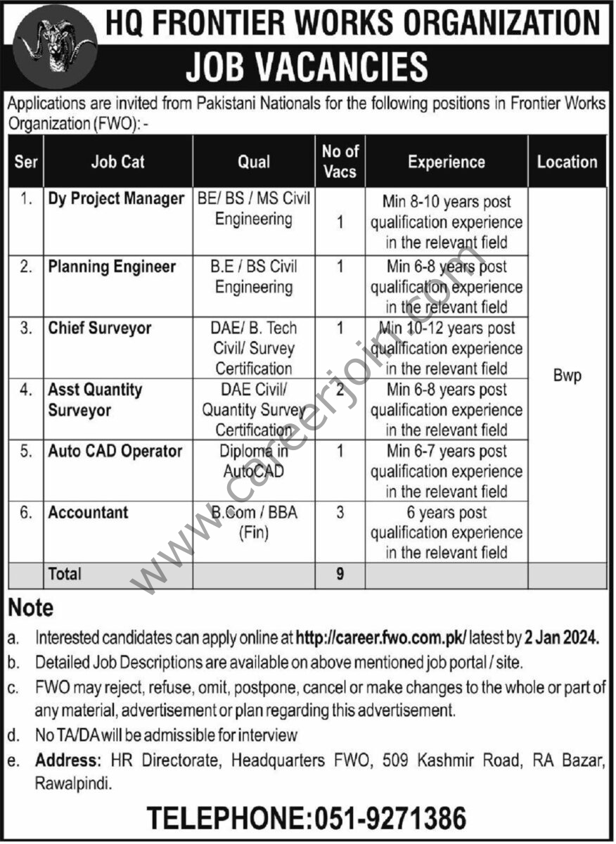 Frontier Works Organization FWO HQ Jobs 17 Decemeber 2023 Express Tribune 1