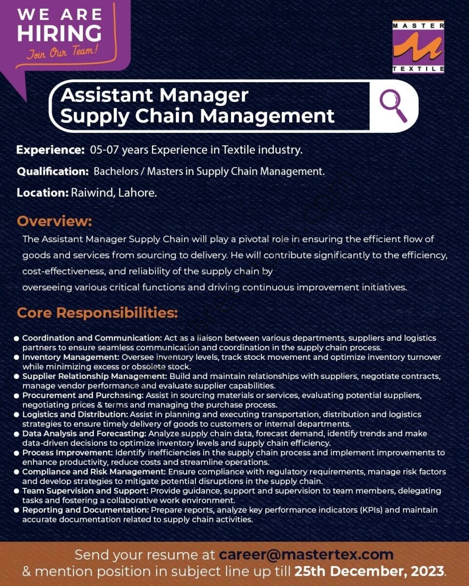 Master Textile Mills Limited Jobs Assistant Manager Supply Chain Management 1