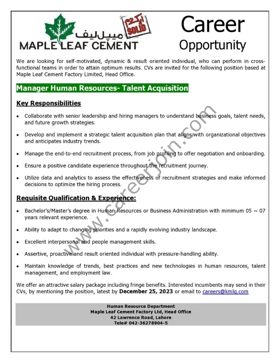 Maple Leaf Cement Factory Limited Jobs Manager Human Resources Talent Acquisition 1