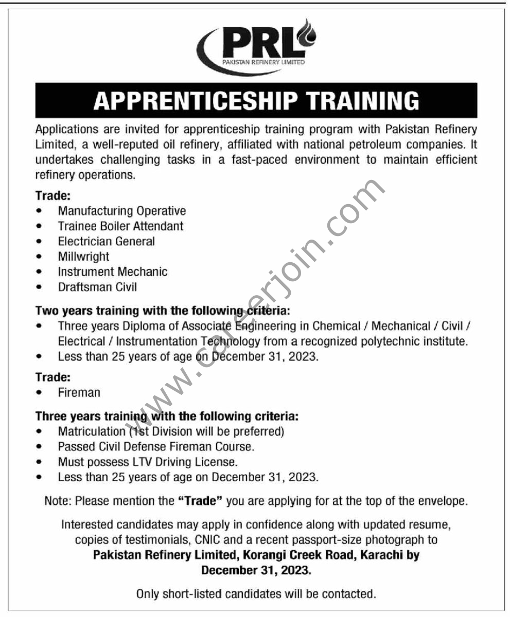 Pakistan Refinery Ltd Karachi Jobs 17 Decemeber 2023 Dawn 1
