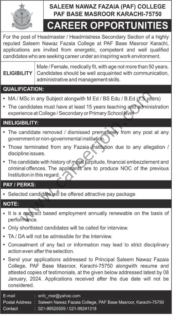 Saleem Nawaz Fazaia PAF College Base Masroor Karachi Jobs 31 December 2023 Express Tribune 1
