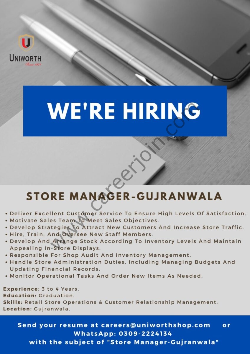 Uniworth Jobs Store Manager 1