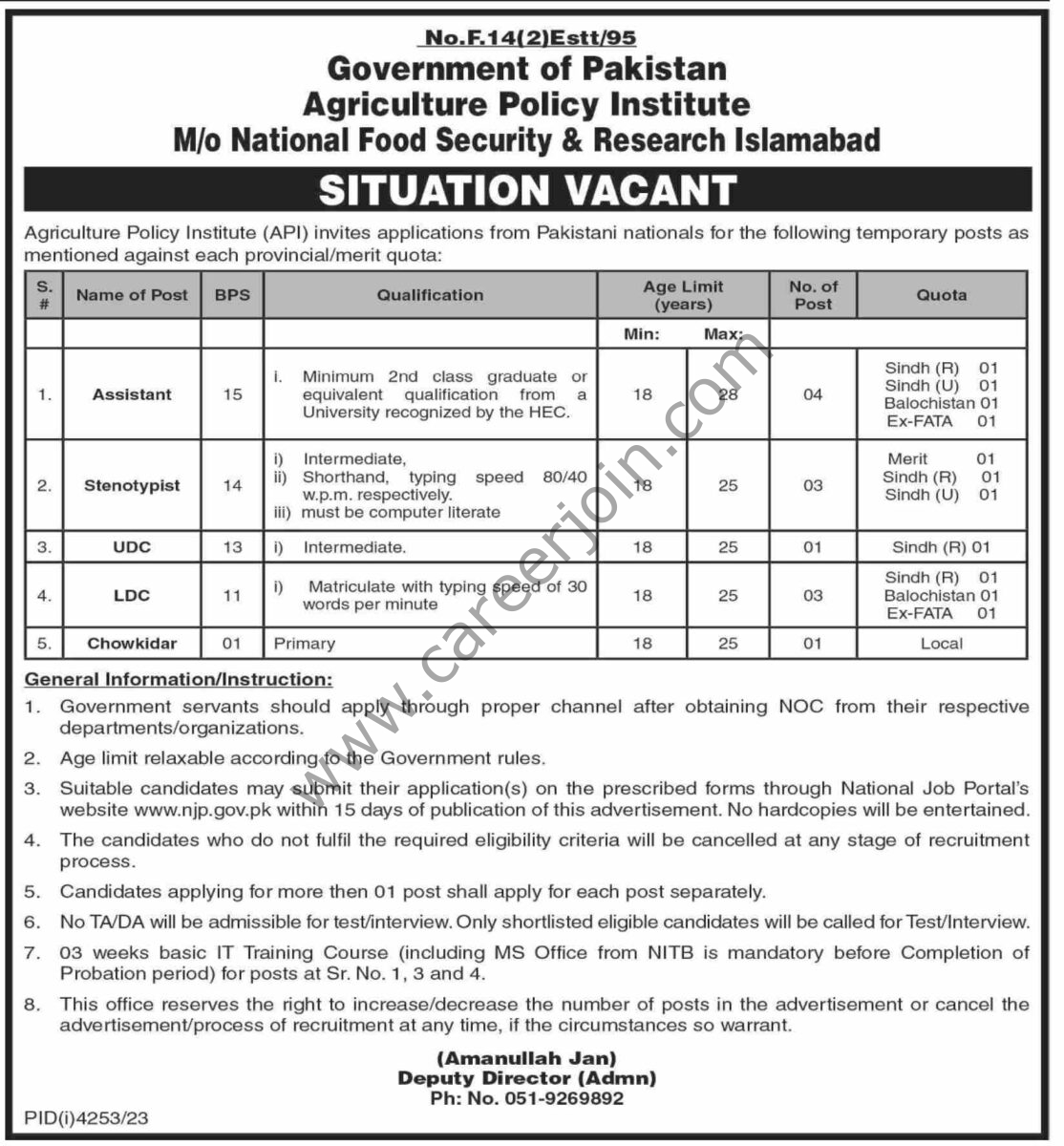 Agriculture Policy Institute API Jobs 14 January 2024 Dawn 1