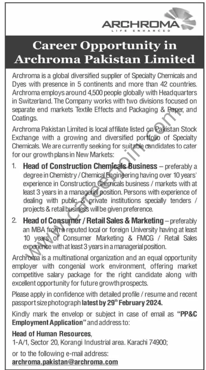 Archroma Pakistan Ltd Jobs 21 January 2024 Dawn 1