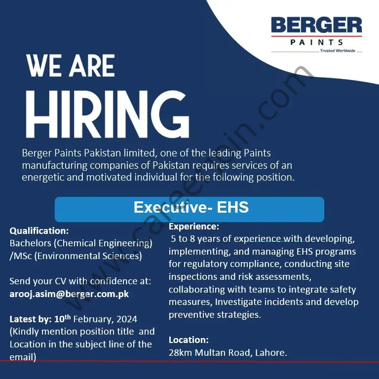 Berger Paints Pakistan Pvt Ltd Jobs Executive EHS 1