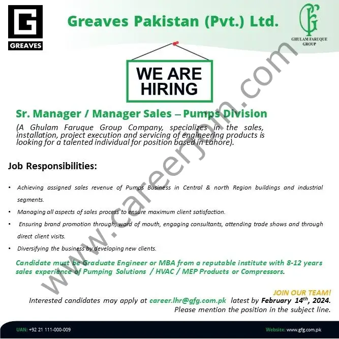 Greaves Pakistan Pvt Ltd Jobs Senior Manager / Manager Sales 1