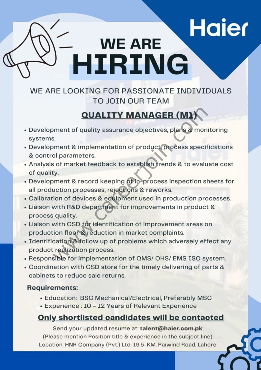 Haier Pakistan Jobs Quality Manager 1