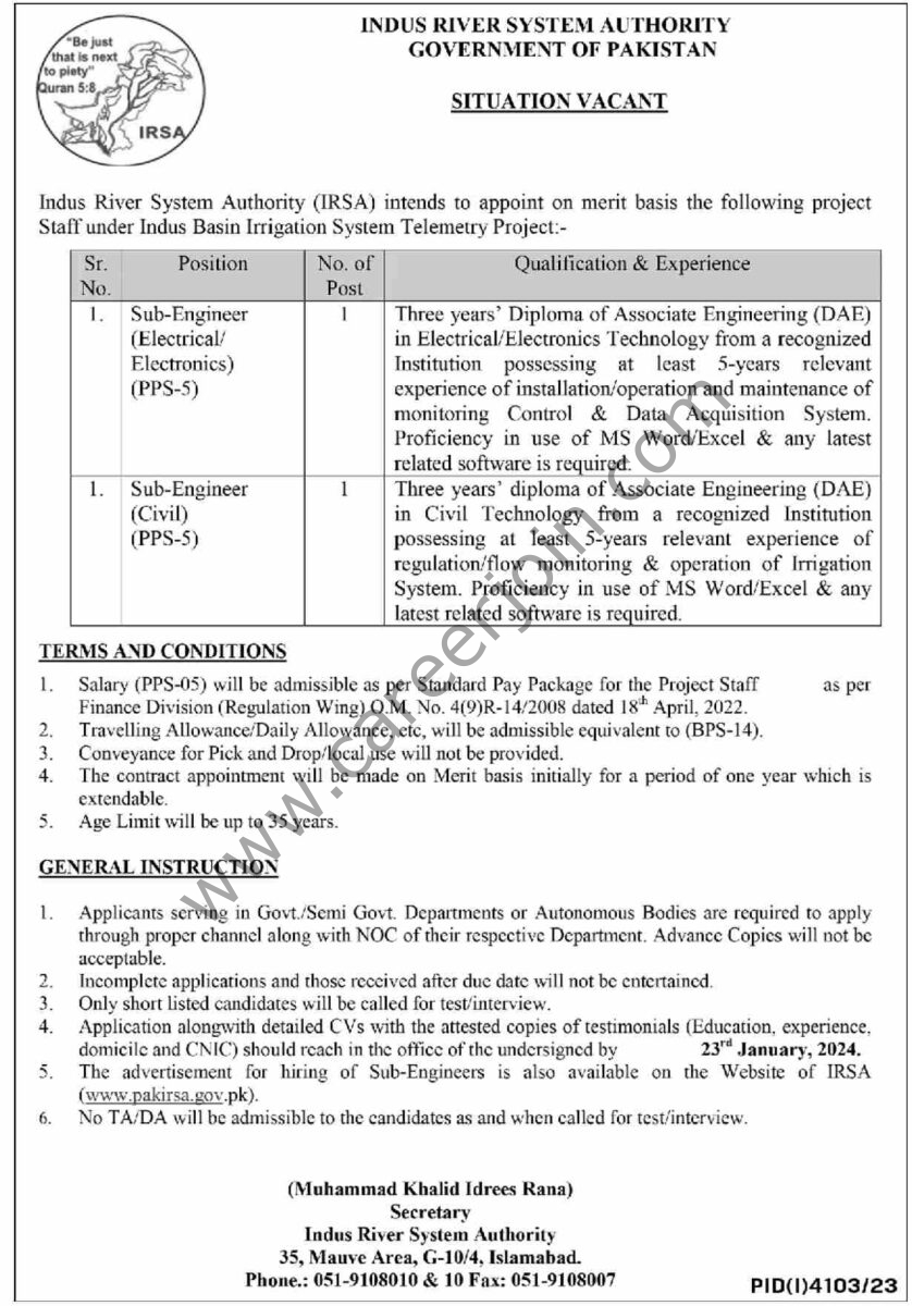 Indus River System Aunthority IRSA Jobs 07 January 2024 Dawn 123