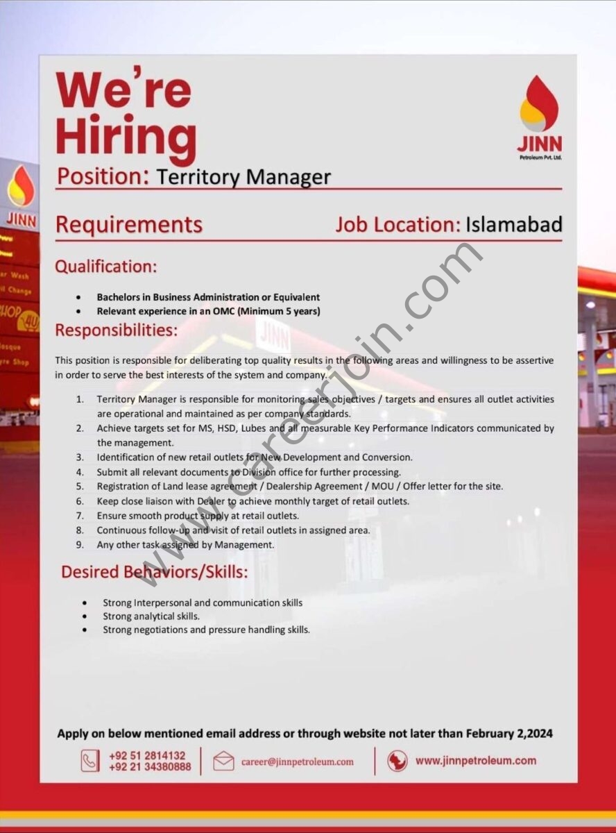 JINN Petroleum Pvt Ltd Jobs Territory Manager 1