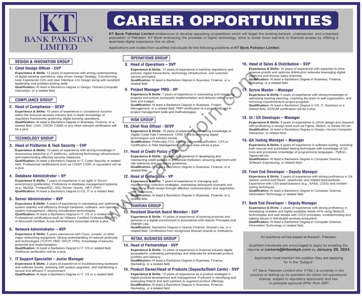 KT Bank Pakistan Ltd Jobs 23 January 2024 Dawn 1