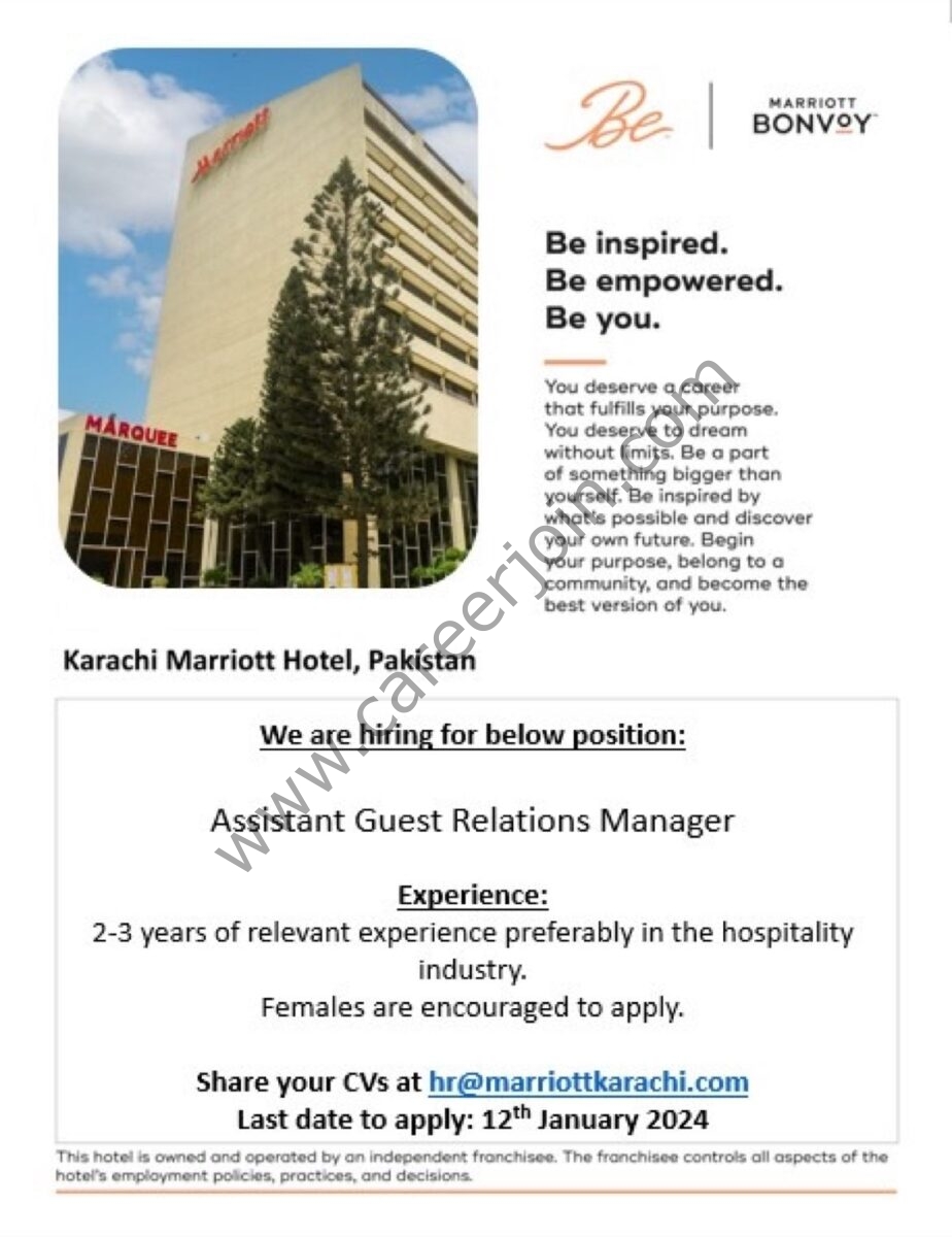 Karachi Marriott Hotel Jobs Assistant Guest Relations Manager  1