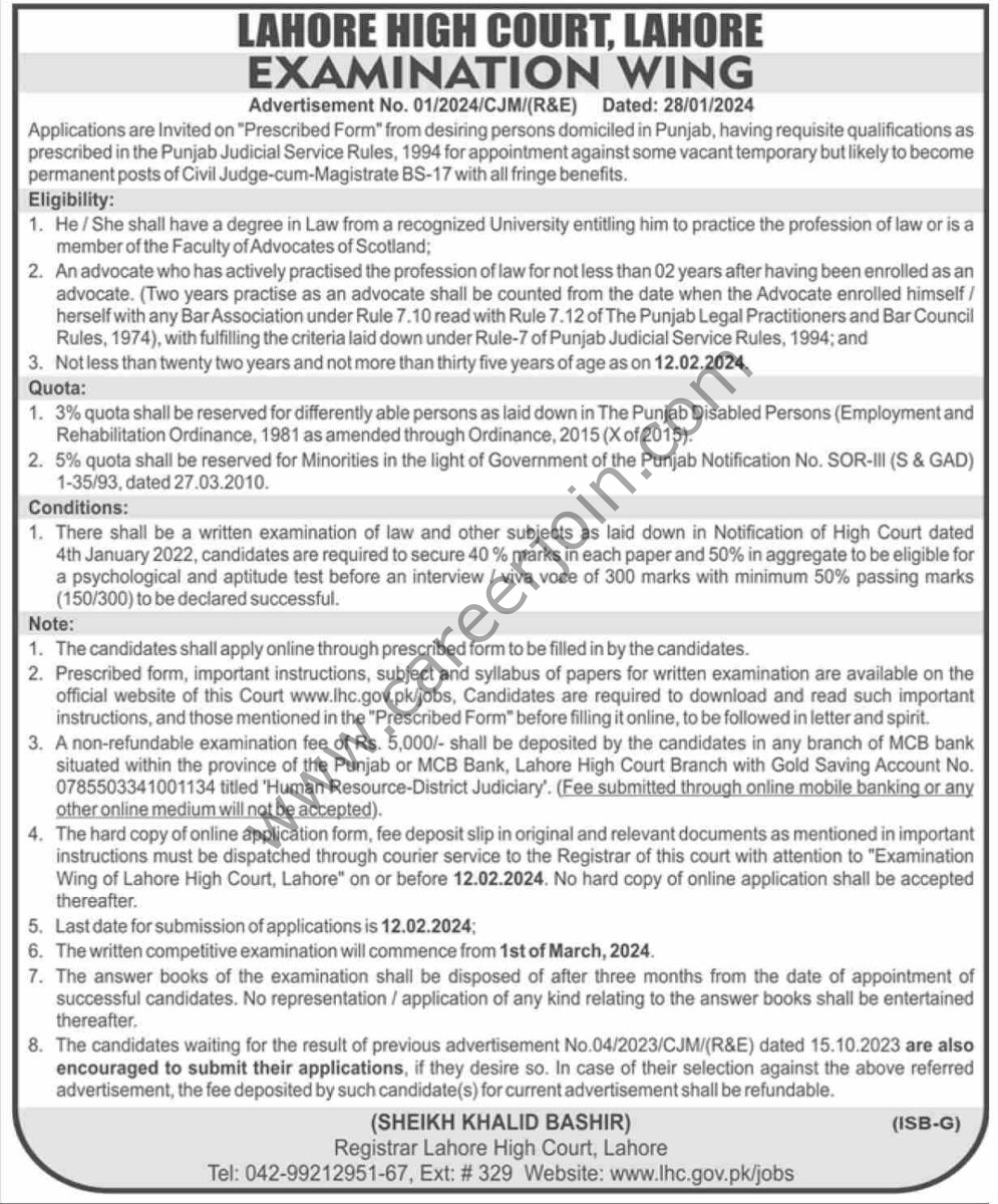 Lahore High Court Lahore Jobs 28 January 2024 Dawn 1