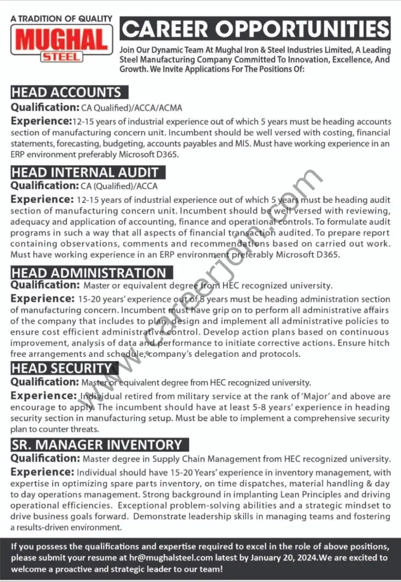 Mughal Iron & Steel Industries Limited MISIL Jobs January 2024 1