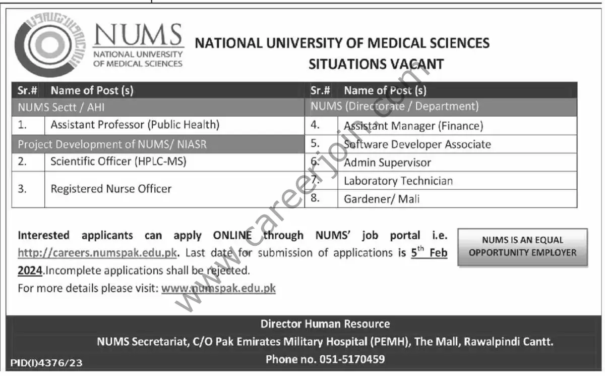 National University of Medical Sciences NUMS Jobs 21 January 2024 Dawn 1