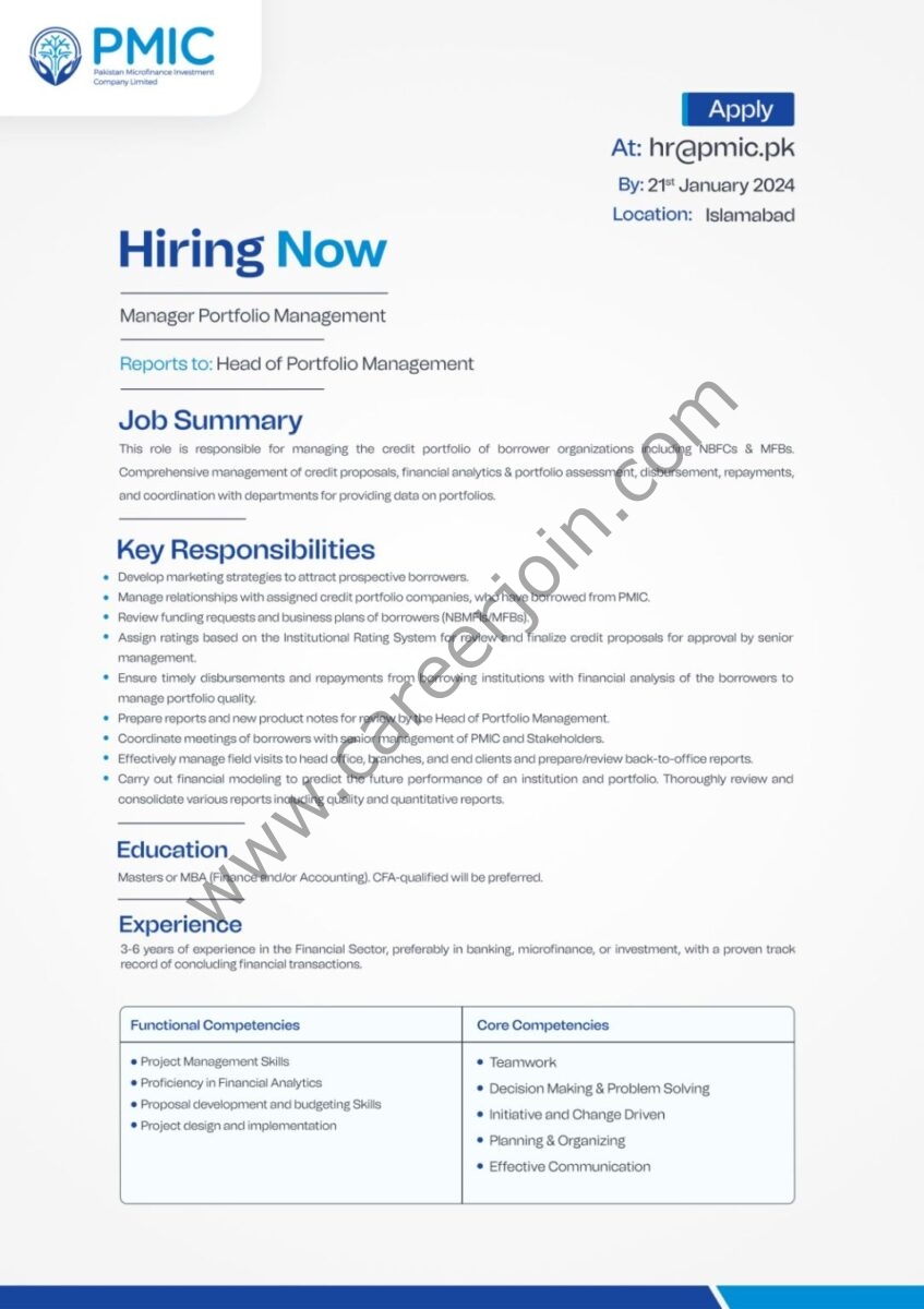 Pakistan Microfinance Bank Limited PMIC Jobs Manager Portfolio Management 1