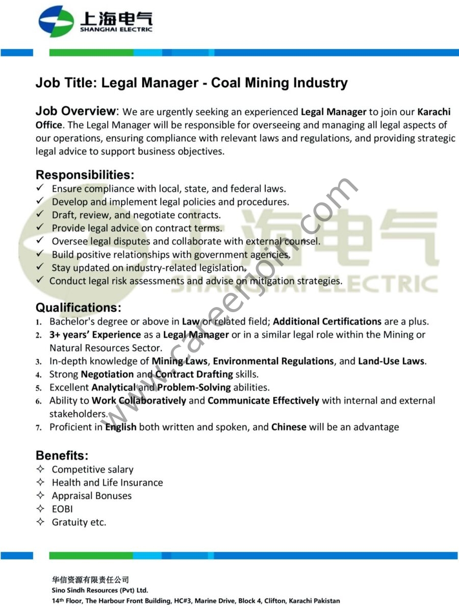 Sino Sindh Resources Pvt Ltd Jobs Legal Manager 1