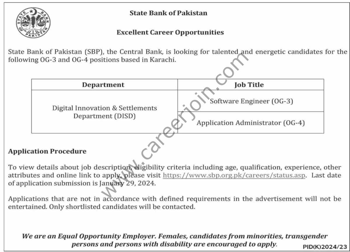 State Bank Pakistan SBP Jobs 14 January 2024 Dawn 1