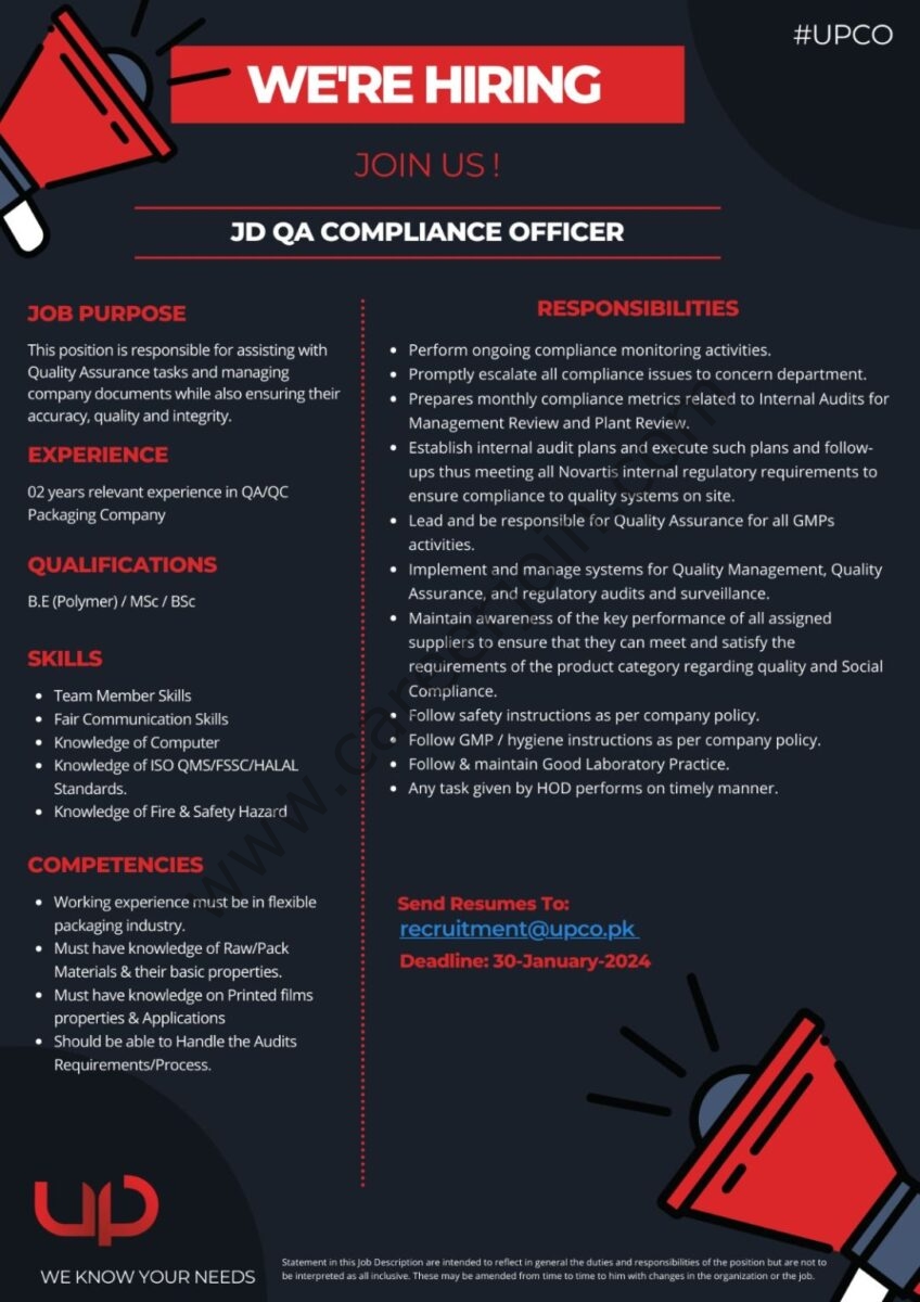 Universal Packaging Pvt Ltd Jobs JD QA Compliance Officer 1