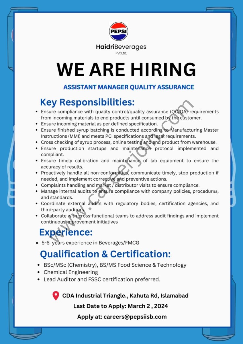 Haidri Beverages Pvt Ltd Jobs Assistant Manager Quality Assurance 1