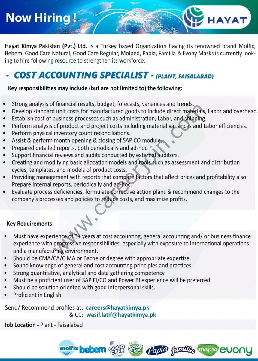 Hayat Kimya Pakistan Pvt Ltd Jobs Cost Accounting Specialist 1
