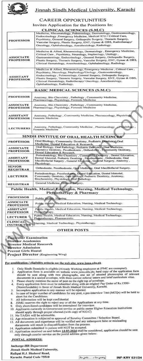 Jinnah Sindh Medical University Karachi Jobs 28 February 2024 Dawn 1