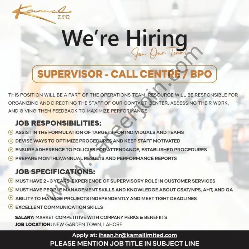 Kamal Limited Jobs Supervisor Call Centre / BPO 1
