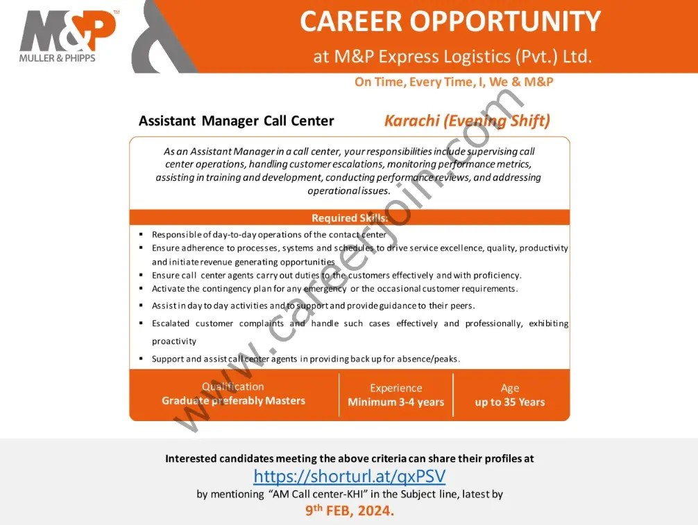 M&P Express Logistics Pvt Ltd Jobs Assistant Manager Call Center 1