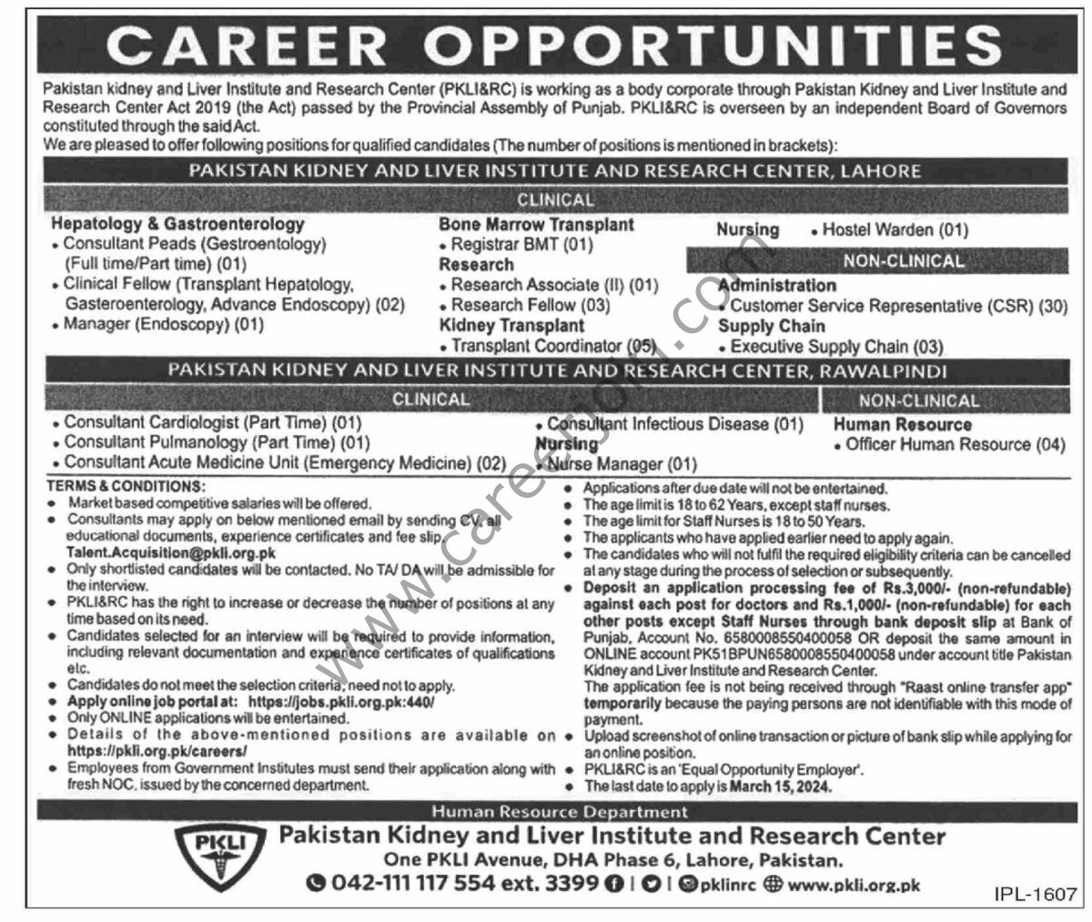 Pakistan Kidney & Liver Institute & Reseatch Center PKLI&RC Jobs 28 February 2024 Dawn1