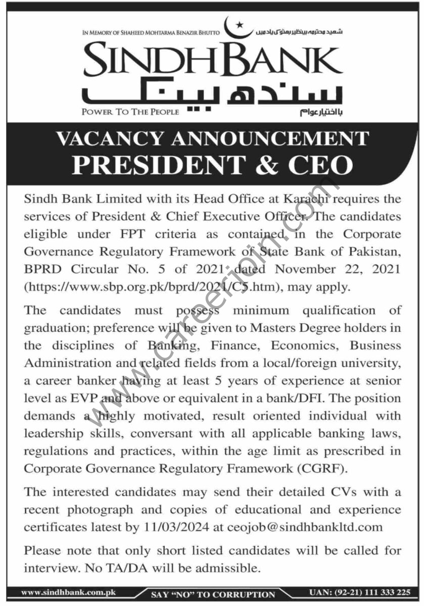 Sindh Bank Ltd Jobs 25 February 2024 Dawn 1