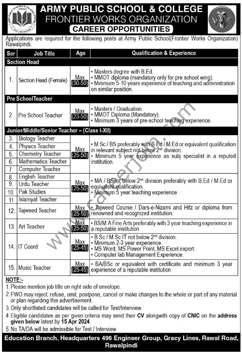 Army Public School & College FWO Jobs 27 March 2024 Express Tribune 1