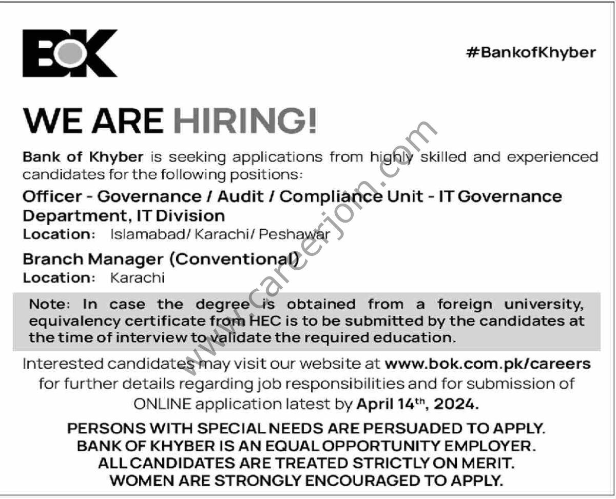 Bank Of Khyber BOK Jobs 31 March 2024 Dawn 1
