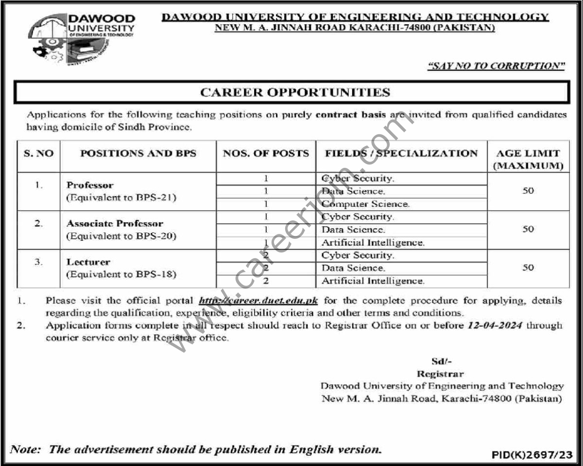Dawood University of Engineering & Technology Jobs 27 March 2024 Dawn 1