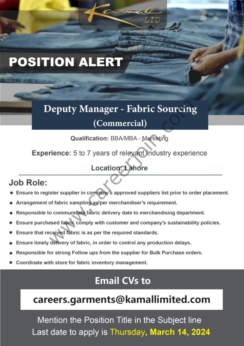 Kamal Limited Jobs Deputy Manager Fabric Sourcing (Commercial) 1