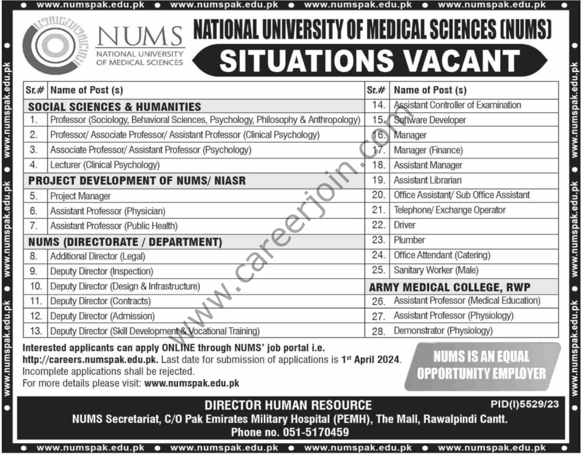 National University of Medical Sciences NUMS Jobs 17 March 2024 Dawn 1