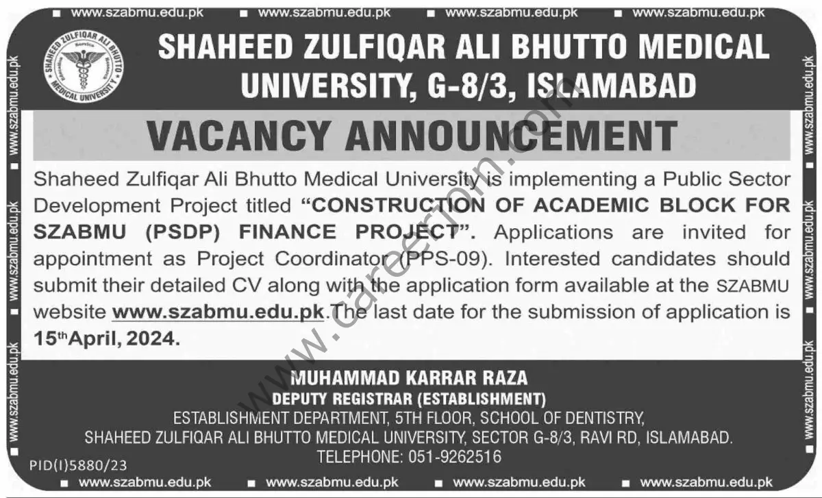 Shaheed Zulfiqar Ali Bhutto Medical University Jobs 31 March 2024 Dawn 1