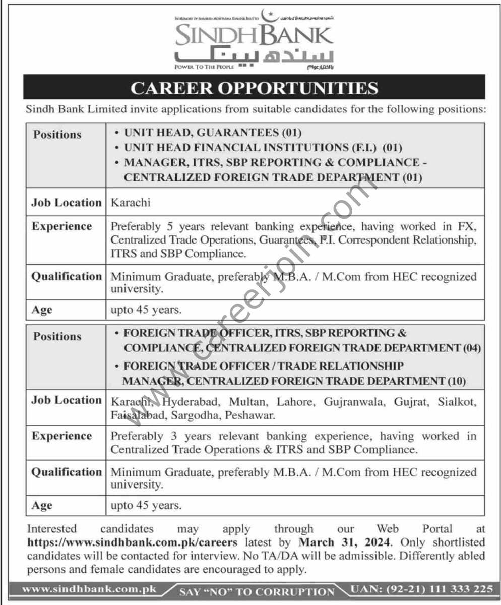 Sindh Bank Ltd Jobs 24 March 2024 Dawn 1