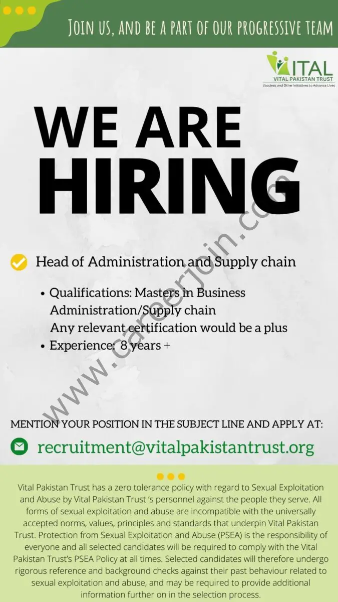 Vital Trust Pakistan Jobs Head Of Administration & Supply Chain 1