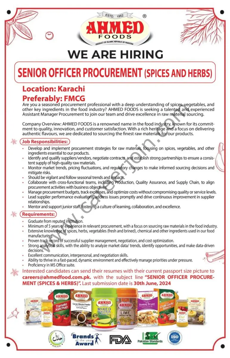 Ahmed Foods Pvt Ltd Jobs Senior Officer Procurement 1