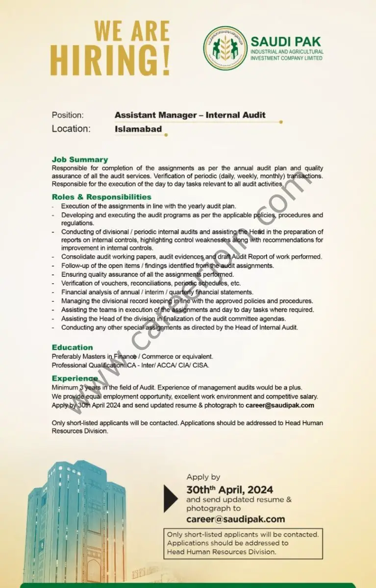 Saudi Pak Industrial & Agriculture Investment Company Ltd Jobs Assistant Manager Internal Audit 1