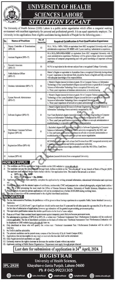 University of Health Science UHS Jobs 07 April 2024 Express Tribune 1