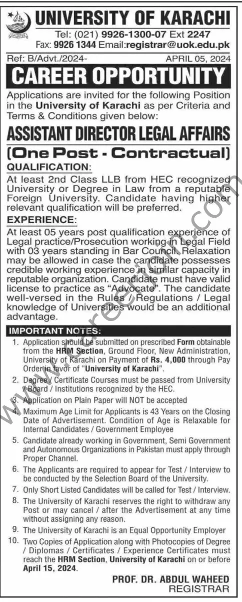 University of Karachi Jobs 07 April 2024 Dawn 1