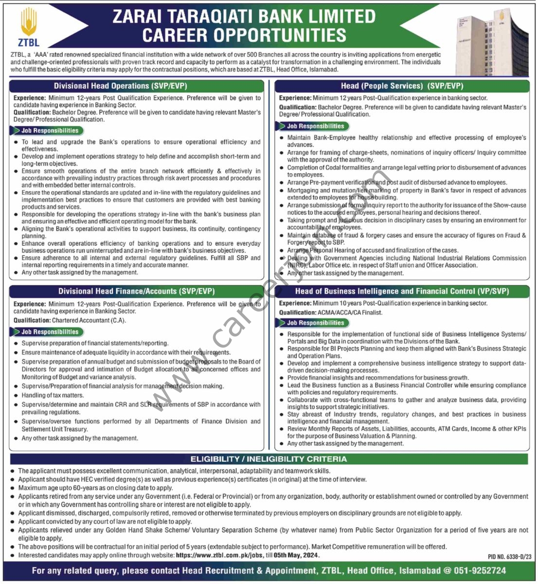 Zarai Taraqiati Bank Ltd ZTBL Jobs 21 April 2024 Dawn 1