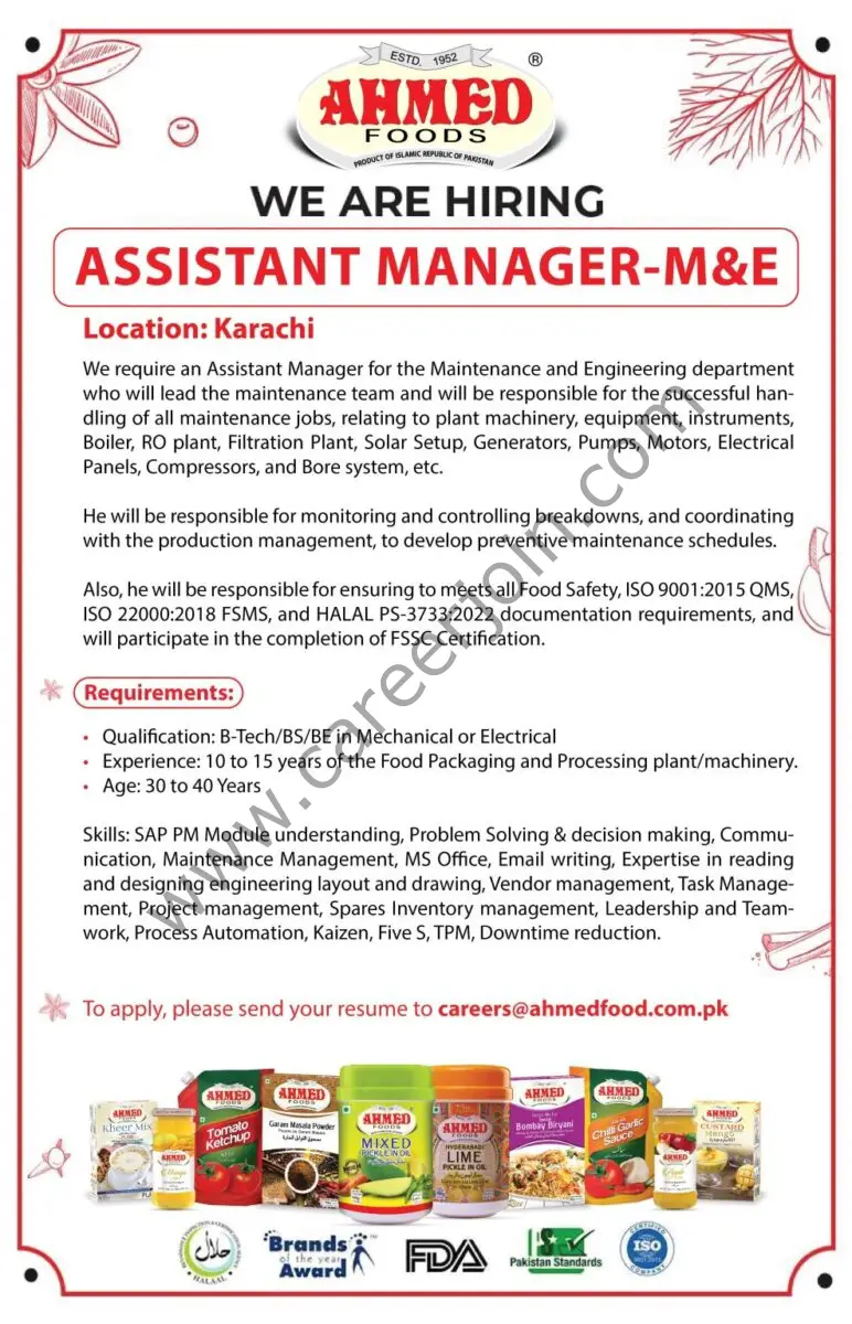 Ahmed Foods Pvt Ltd Jobs Assistant Manager M&E 1