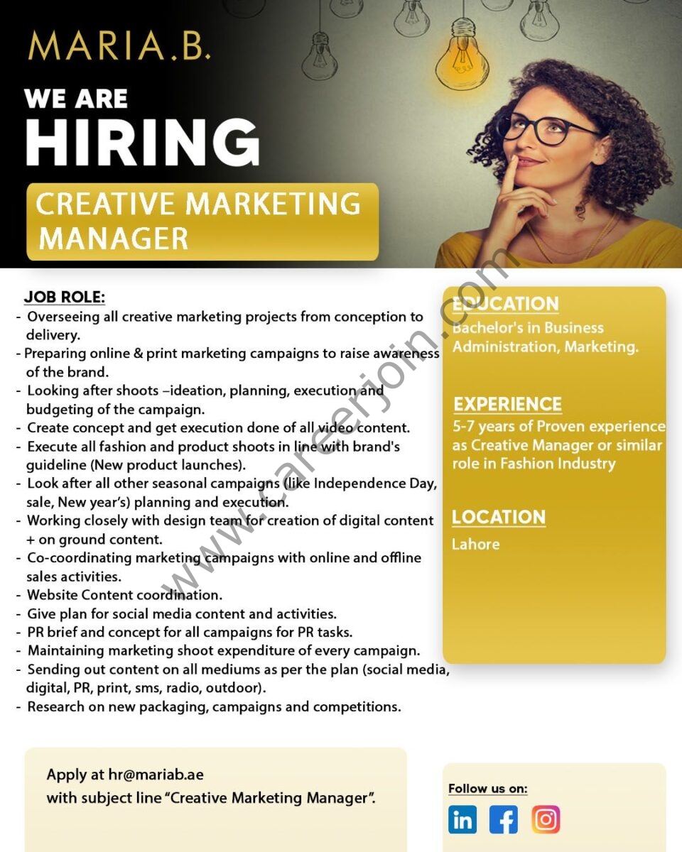 Maria B Designs Pvt Ltd Jobs Creative Marketing Manager 1