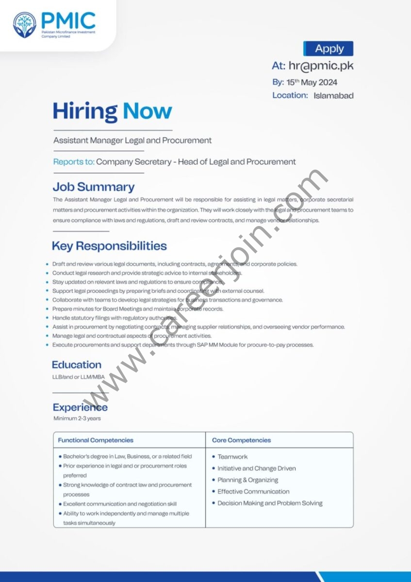 Pakistan Microfinance Investment Company PMIC Jobs Assistant Manager Legal & Procurement 1